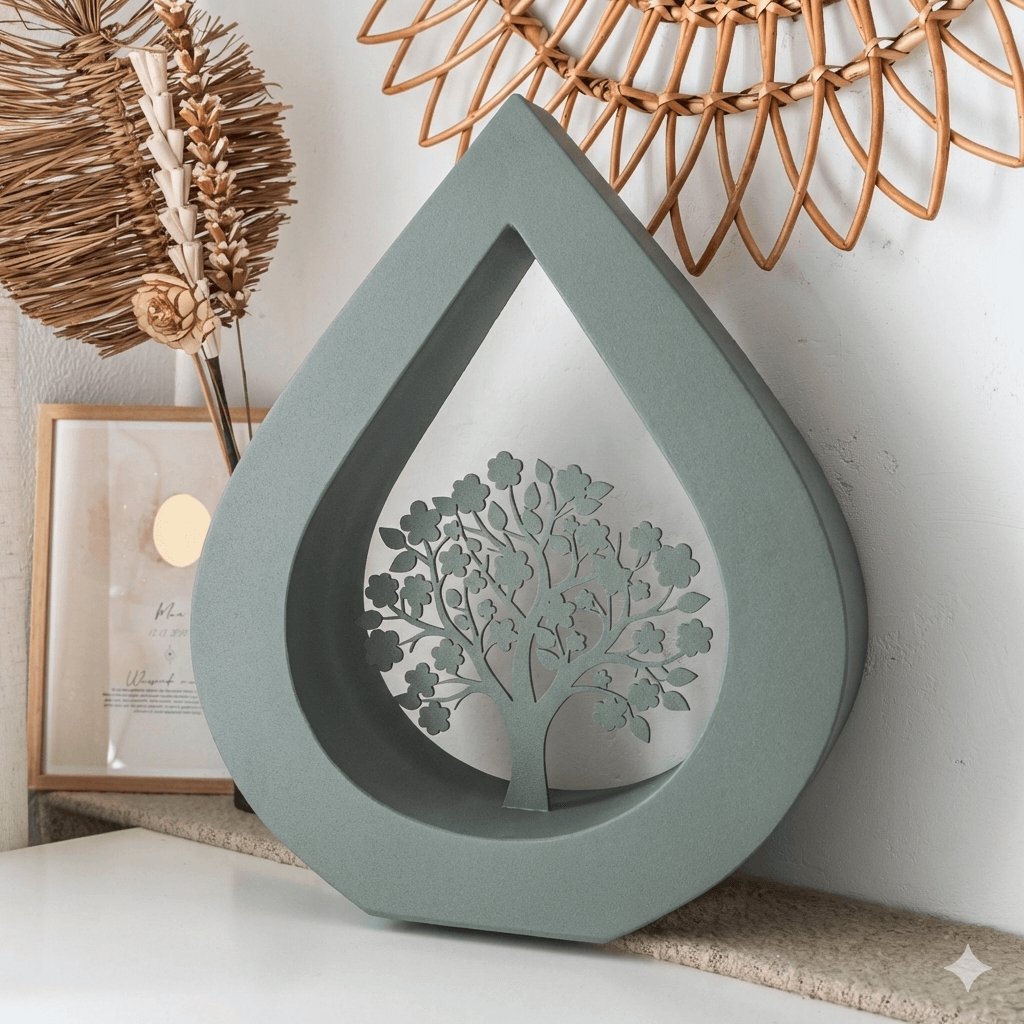 Druppel 'Arbor Vitea' (Boom des Levens) RVS-gecoat Gedempt grijsgroen-leigrijs